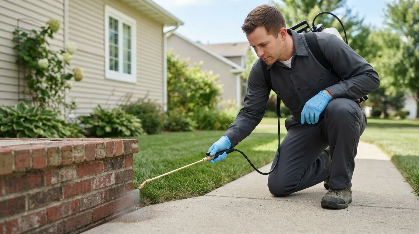 Pest control technician treating a home near Linville, VA